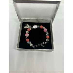 Hello Kitty Charm Bracelet Pink Beaded Adjustable Silver Tone Cute Gift